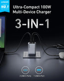 Anker Prime Charger GAN 100W Multi-Device Fast Charger Maximum Power with USB-C 3 Ports - Black