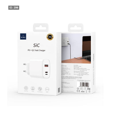 شاحن WIWU Wi-U021 SiC PD+QC سريع 30 وات بثلاثة منافذ (USB-C+ Lightning + USB-A) - أبيض