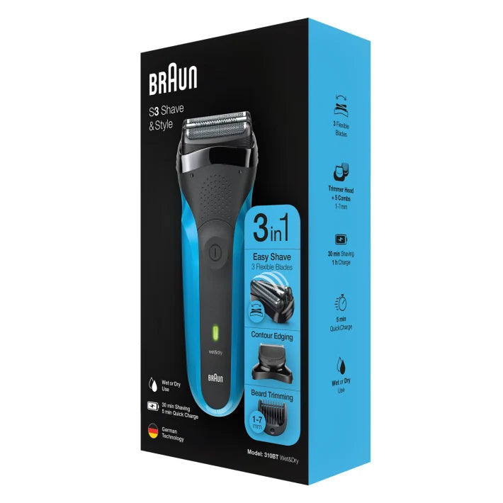 Braun Series 3 Shave&Style 310BT Wet & Dry shaver with trimmer head and 5 combs - Black/Blue