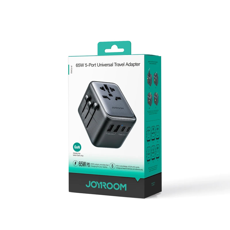 Joyroom Universal Travel Wall Charger,  65 Watt, USB-C + 3 USB-A with AC Outlet - JR-TCW02 - Black