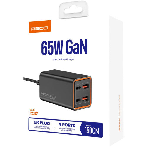 Recci Charger 65W Gan Wall Charger, 65 Watt, 4 Ports 2 USB-A and 2 Type-C (UK Plug) - RC37 - Black