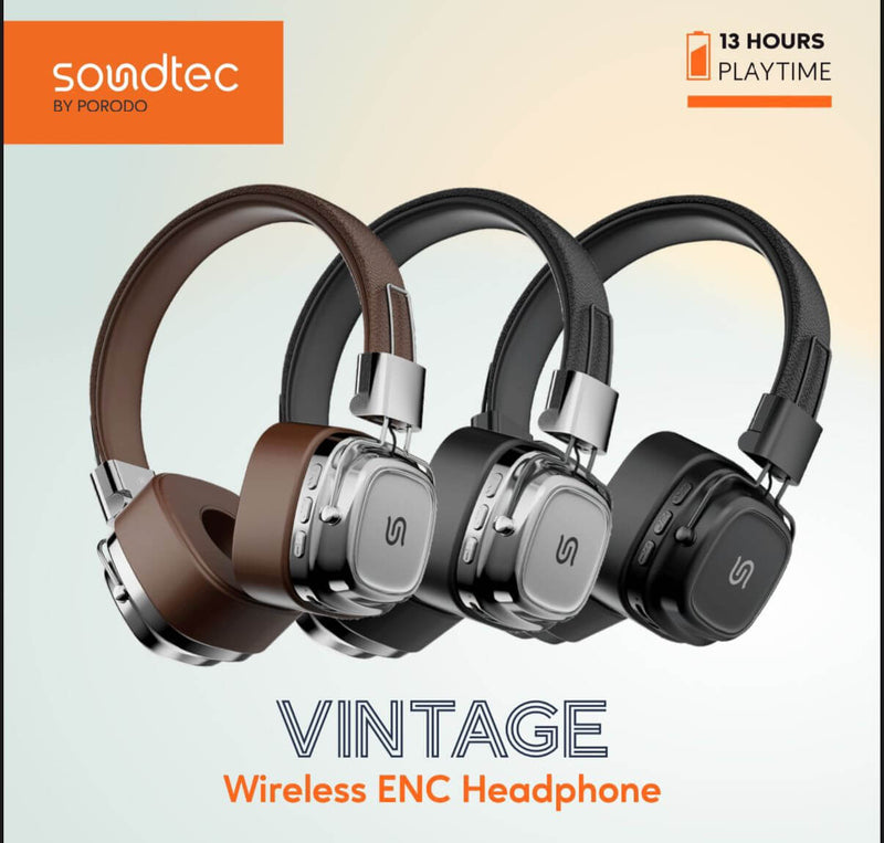 Porodo Soundtec Vintage Wireless ENC Headphone 350mAh, BT V5.3 EDR, 13H Playtime, 200H Standby Time, Micro SD Slot, Skin-Friendly & Lightweight, for Gym, Running, Work - Black/Silver