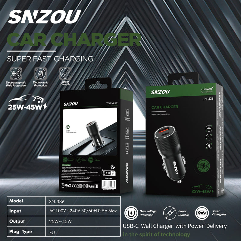 Snzou SN-336 TurboCharge 45W Dual Port Car Charger - Black