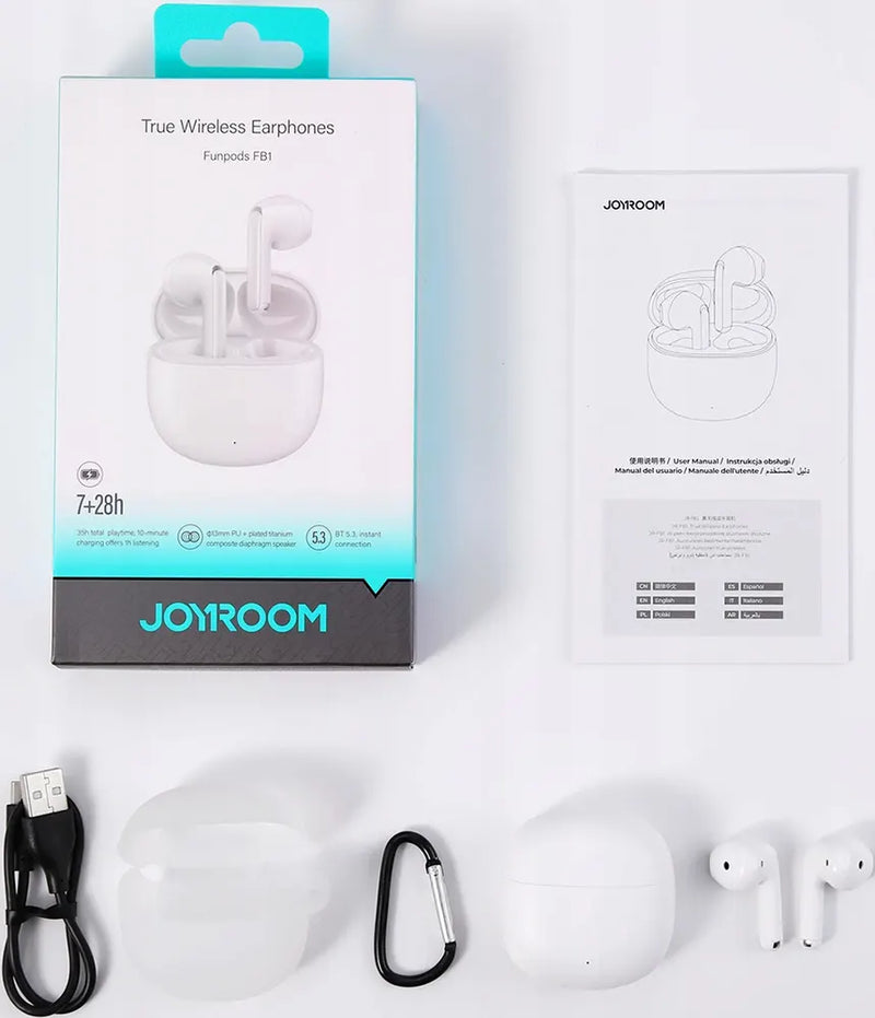 Joyroom True Wireless Earbuds Fun pods , DNS , Bluetooth 5.3 , Battery 400 mAh , Water Resistant - JR-FB1 - White