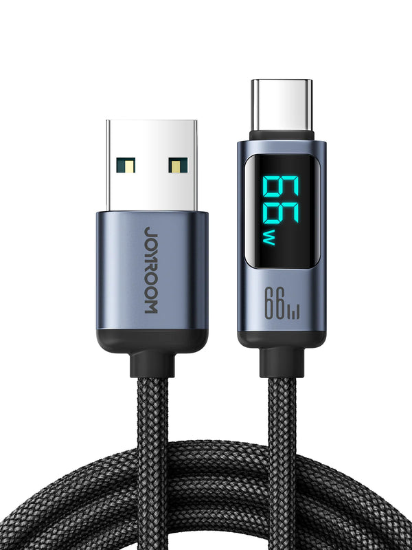 Joyroom USB-A to USB-C Charging and Data Cable, 1.2 Meters,  Prism Series Digital Display 66W - AC066A16 - Black