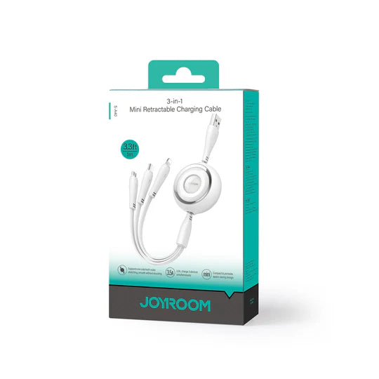 Joyroom Colorful 3-in-1 Mini Retractable USB-A to USB-C/Lightning/MicroUSB Cable, 1m - S-A40 - White