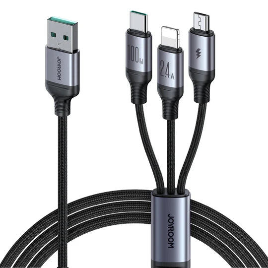 Joyroom 3-in-1 Fast Charging Original Cable (USB-A To Lightning, Type-C, Micro USB) 100W, 1.2m -  S-A21 - Black