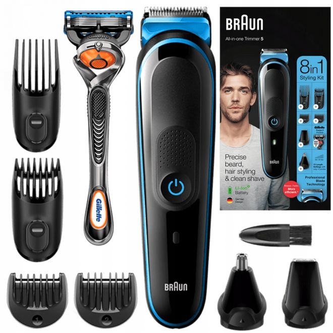 Braun All-in-One trimmer 5 for Face, Hair, and Body, 8-in-1 styling kit with Gillette Fusion5 - MGK5265 - Black/Grey