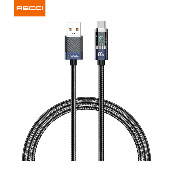 Recci Crystal Digital Display Charging Data Cable Series Fast charging cable USB-A to Type-C, 66W, 1.2M - RS16C - Black