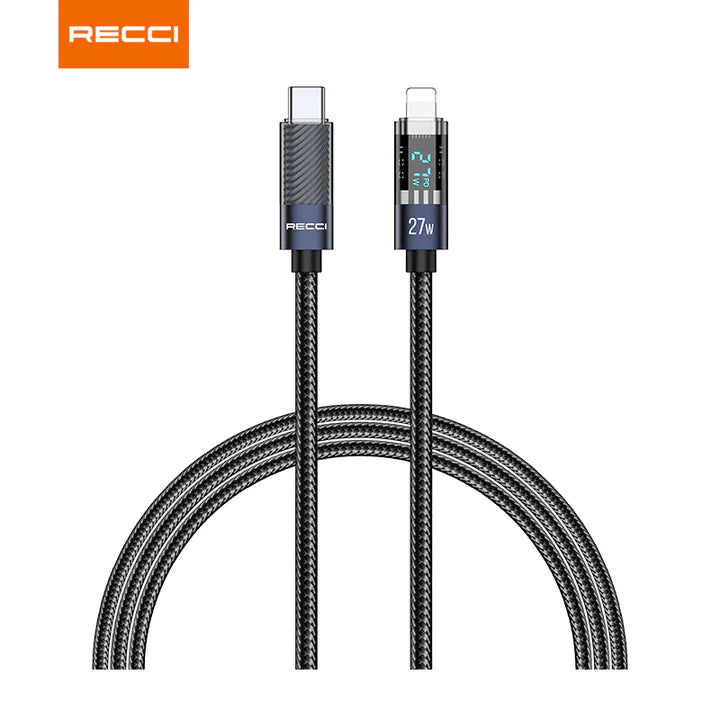 Recci Crystal Digital Display Charging Data Cable Series Fast charging cable Type-C to Lightning, 27W, 1.2M - RS16CL - Black