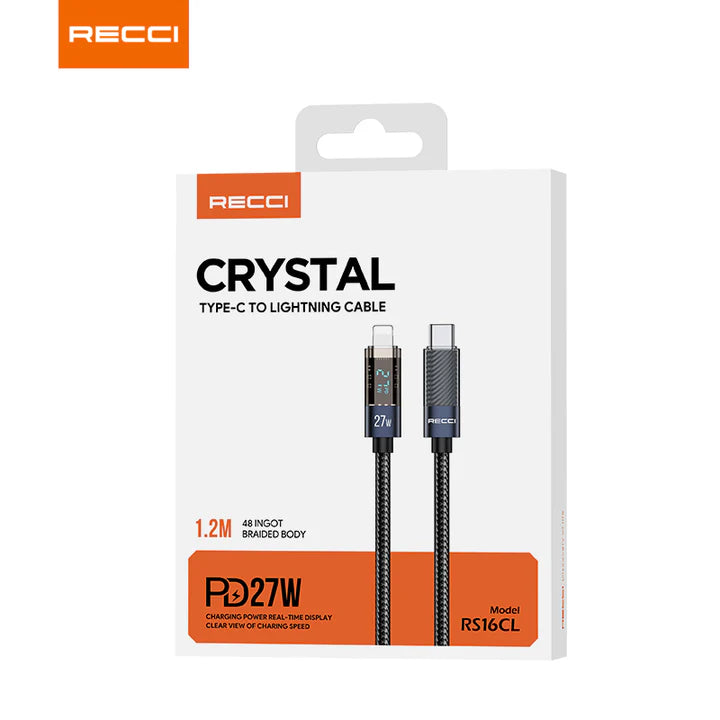 Recci Crystal Digital Display Charging Data Cable Series Fast charging cable Type-C to Lightning, 27W, 1.2M - RS16CL - Black