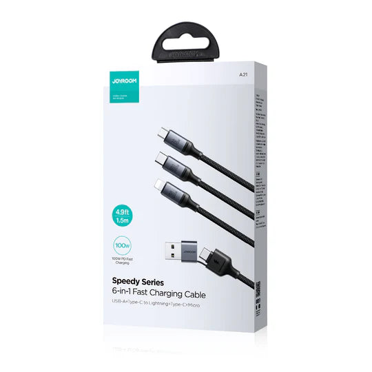 Joyroom Speedy Series 100W 6-in-1 Fast Charging Cable (USB-A+Type-C to L+C+M) 1.5m - SA21-2T3 - Black