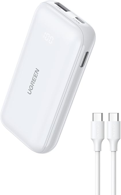 UGREEN 30W Power Bank Mini 10,000mAh Battery Pack 2-Port PD3.0 USB C+A Fast Charging Digital Display - White