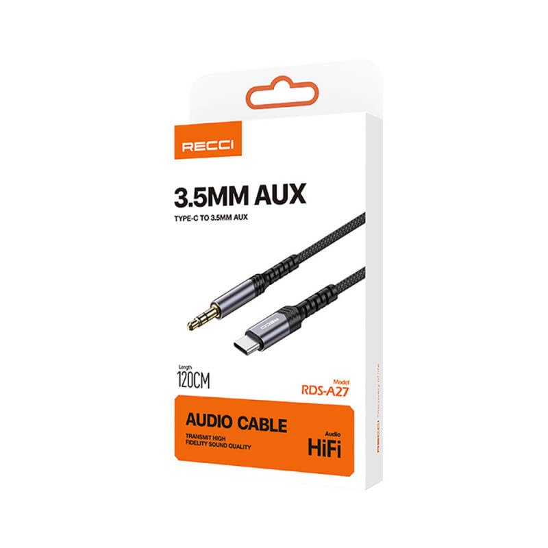 Recci Type-C To AUX 3.5mm Audio cable, 1.2 Meter - RDS-A27 - Black
