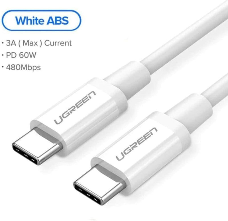 Ugreen 60W PD 3A USB Type C Male To Type C Male, Quick Charge Cable with 480Mbps Data Transfer Speed - White