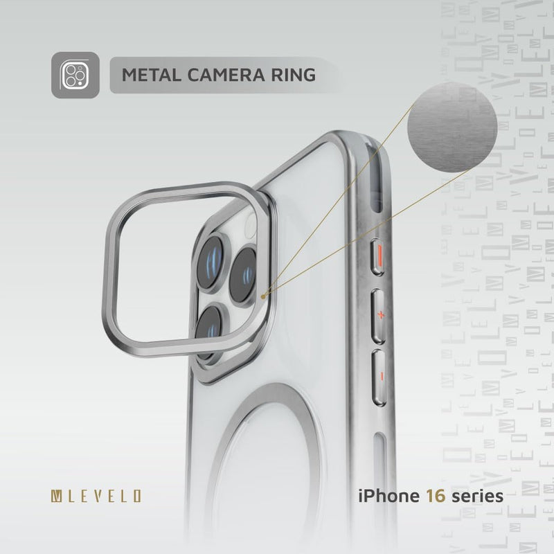 Levelo Elio PC Case with Camera Ring Stand for iPhone 16 Pro Max/Pro - Silver