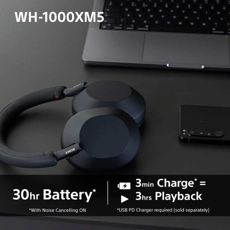 Sony WH-1000XM5 Noise Cancelling Wireless Over-Ear Headphones, Bluetooth, Clear Call Quality, Hi-Res, Up to 30hr Battery Life - Silver