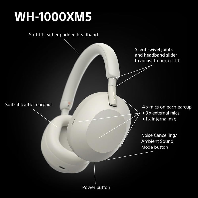 Sony WH-1000XM5 Noise Cancelling Wireless Over-Ear Headphones, Bluetooth, Clear Call Quality, Hi-Res, Up to 30hr Battery Life - Silver