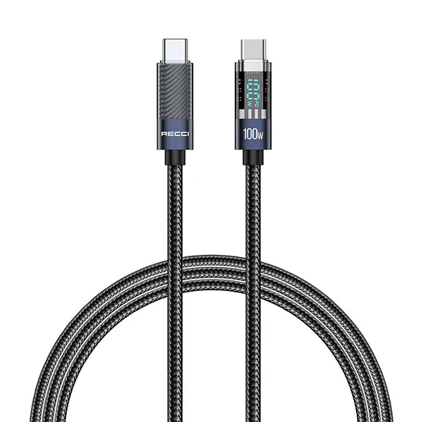 Recci Crystal Digital Display Charging Data Cable Series Fast charging cable Type-C to Type-C, 100W, 1.2M - RS16CC - Black