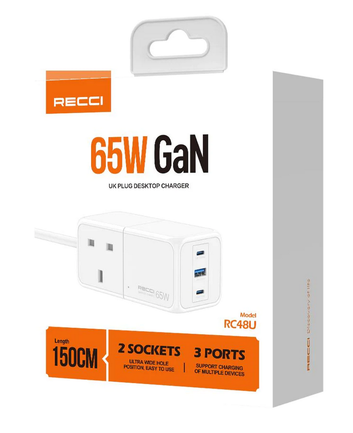 Recci Gan Wall Charger, 65 Watt, 3 Ports, 1 Usb 3.0 And 2 Type-C - RC48U - White