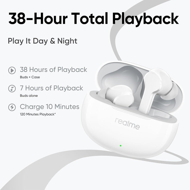 Realme Buds T110 TWS Earbuds with AI Noise Cancellation,IPX5 Water Resistant,38 Hours Playback - White