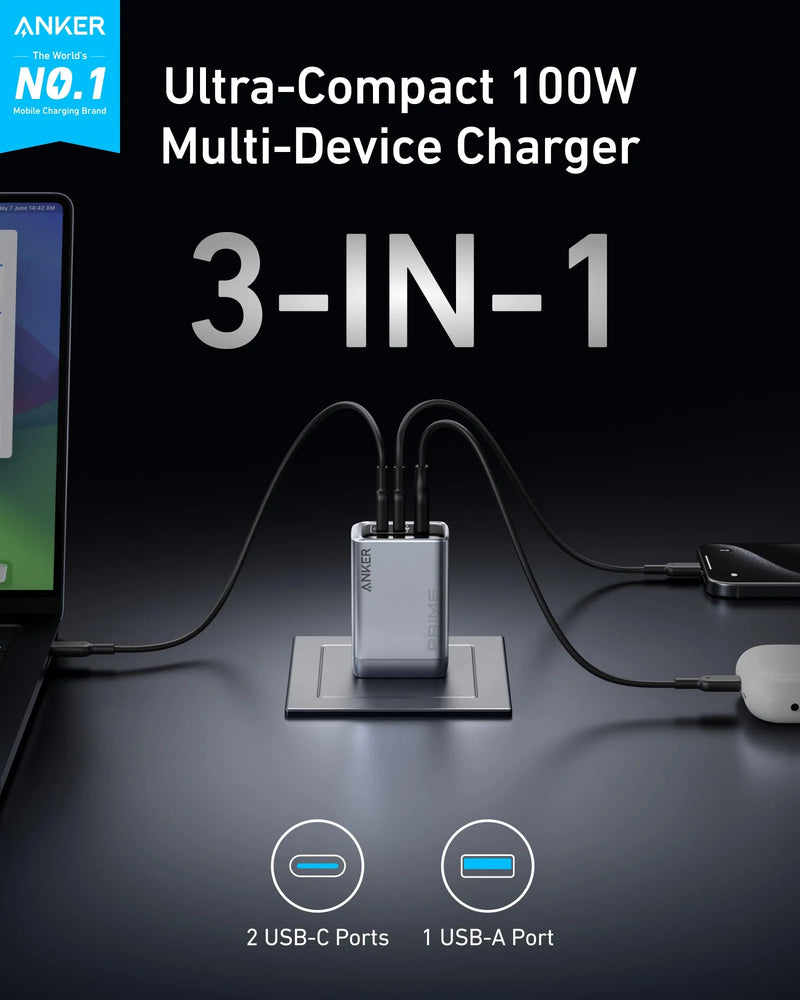 Anker Prime Charger GAN 100W Multi-Device Fast Charger Maximum Power with USB-C 3 Ports - A2688641 - Black