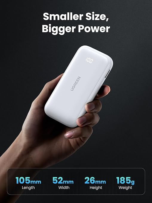 UGREEN 30W Power Bank Mini 10,000mAh Battery Pack 2-Port PD3.0 USB C+A Fast Charging Digital Display - White