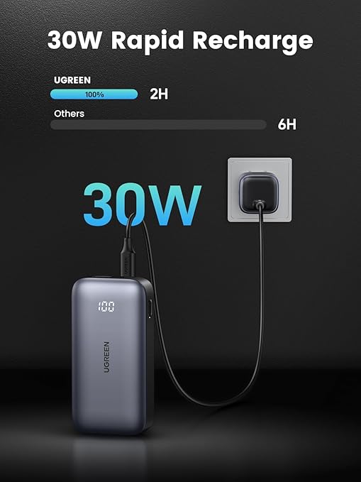 UGREEN 30W Power Bank Mini 10,000mAh Battery Pack 2-Port PD3.0 USB C+A Fast Charging Digital Display - Black