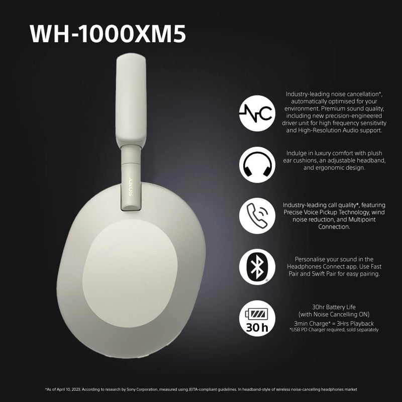 Sony WH-1000XM5 Noise Cancelling Wireless Over-Ear Headphones, Bluetooth, Clear Call Quality, Hi-Res, Up to 30hr Battery Life - Silver