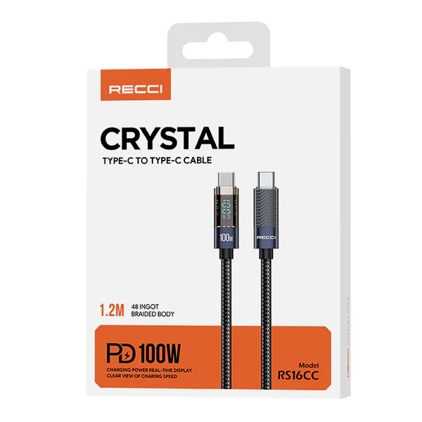 Recci Crystal Digital Display Charging Data Cable Series Fast charging cable Type-C to Type-C, 100W, 1.2M - RS16CC - Black