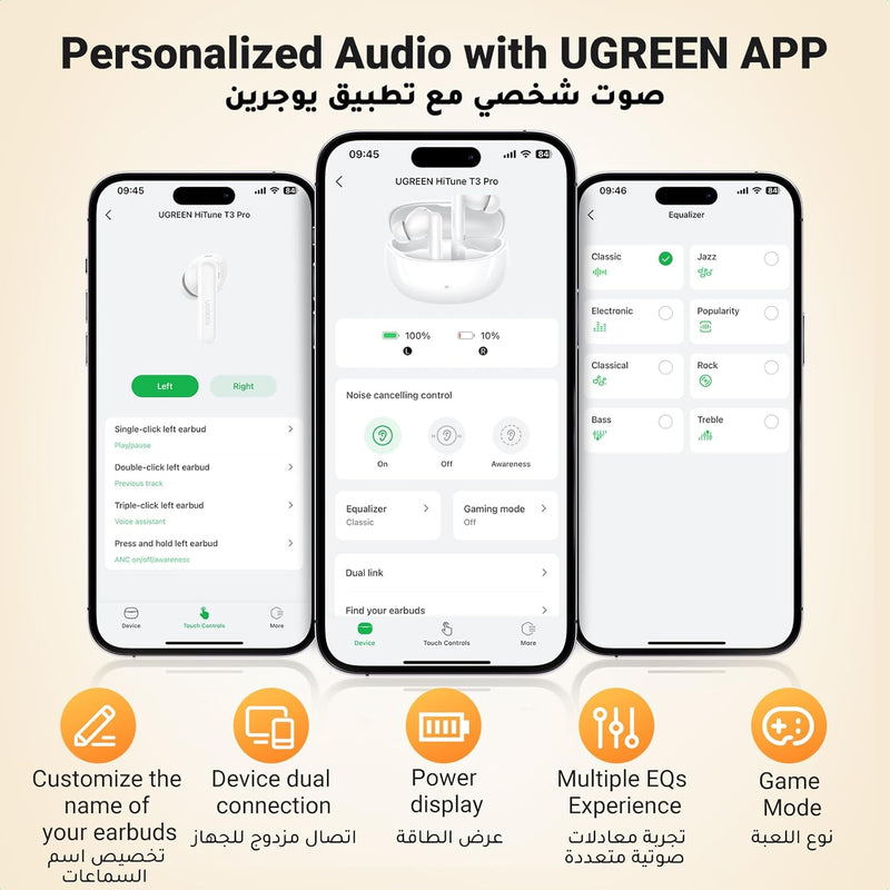 Ugreen HiTune T3 Pro Earbuds, Active Noise Cancellation, 7 hours playtime, 24 hours with charging  - White