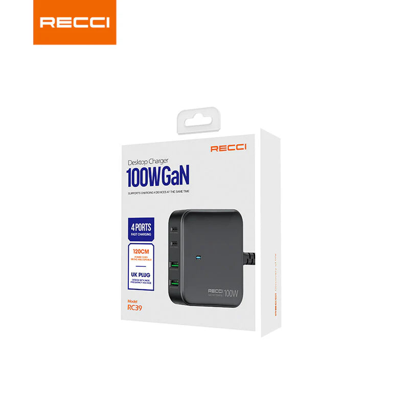 Recci Type-C And USB, 100W Gan Fast Charger, 3-pin UK Plug - RC39 - Black