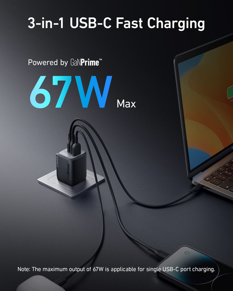 Anker 336 Wall Charger, 67 Watt, 3 USB Ports - A2674 - Black