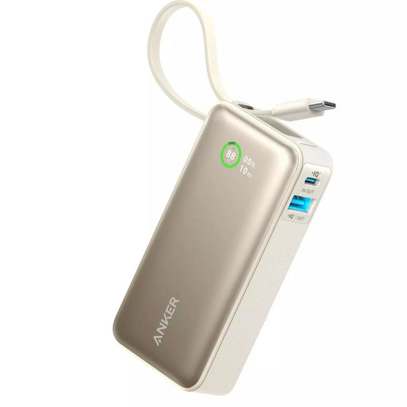 Anker Nano 10000 mAh - 30W Power Bank Featuring a built-in USB-C cable - Shell White