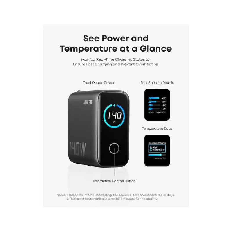 Anker Fast Charger For Four Devices 140w, 4Port, PD 3.1 - With USB-C-Cable - Black