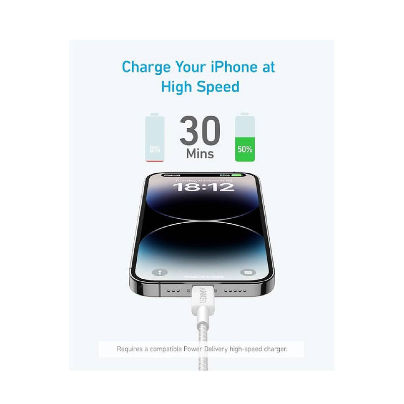 Anker 322 Durable Braided Fast-Charging USB-C to Lightning Cable 3FT - White