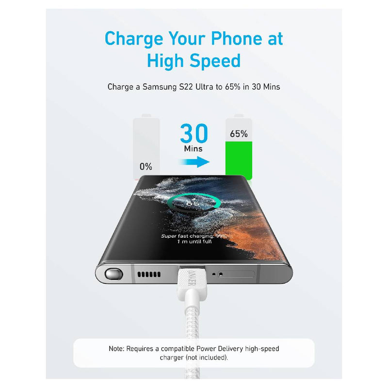 أنكر كابل 322 USB-C إلى USB-C مضفر بطول 3 أقدام - A81F5H21 - أبيض