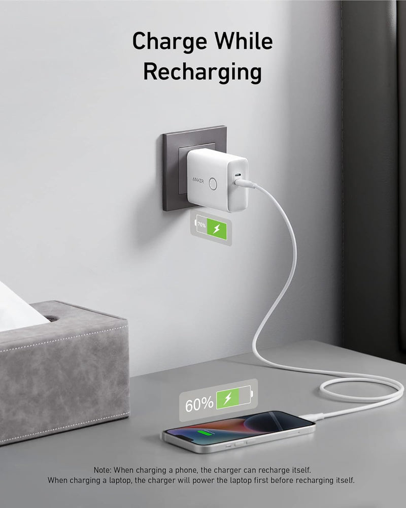 بنك الطاقة Anker 521 - PowerCore Fusion - شاحن حائطي 45 واط مع شاحن محمول، منفذ USB-C مزدوج - أبيض