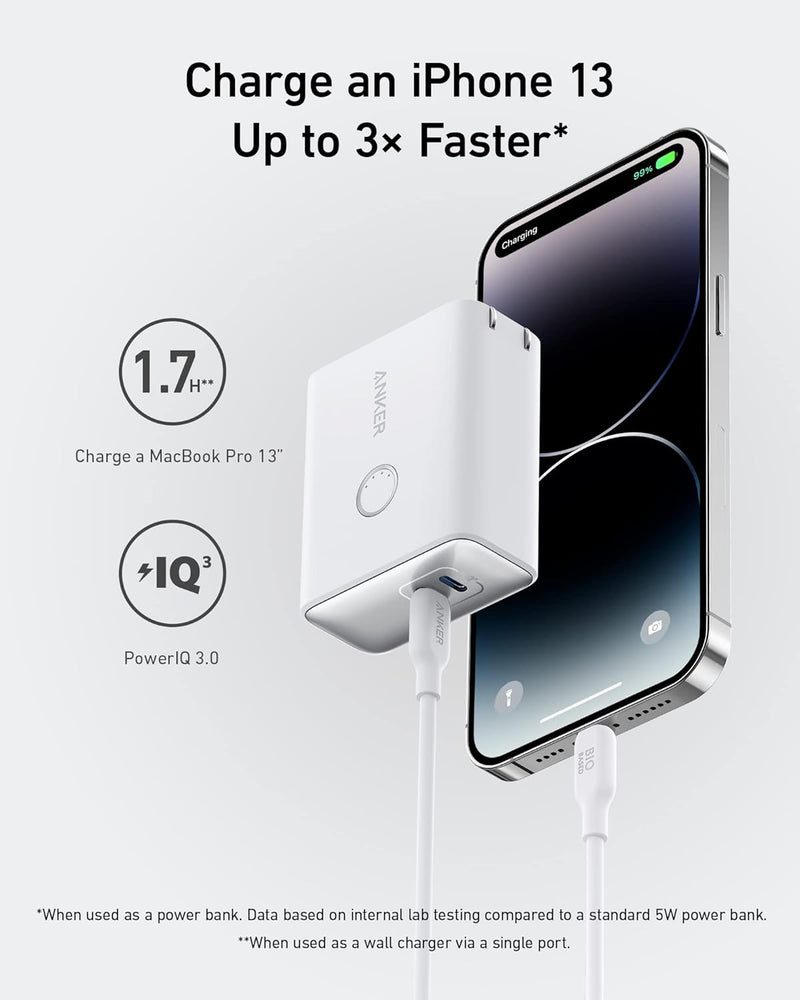 بنك الطاقة Anker 521 - PowerCore Fusion - شاحن حائطي 45 واط مع شاحن محمول، منفذ USB-C مزدوج - أبيض