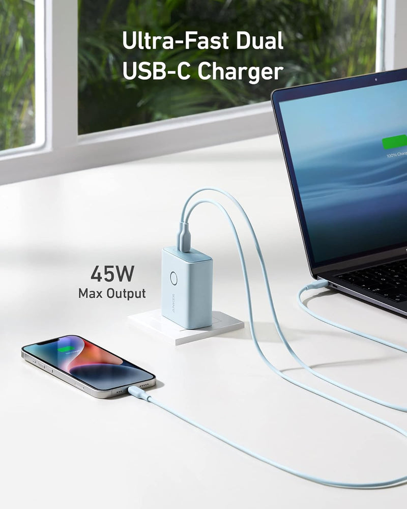 بنك الطاقة Anker 521 - PowerCore Fusion - شاحن حائطي 45 واط مع شاحن محمول، منفذ USB-C مزدوج - أبيض