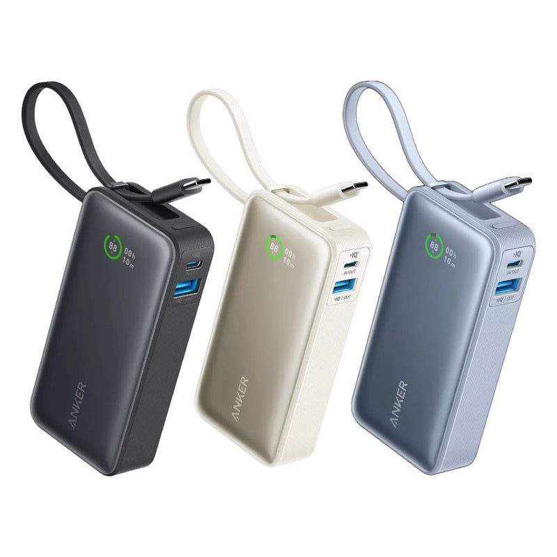 Anker Nano 10000 mAh - 30W Power Bank Featuring a built-in USB-C cable - Shell White