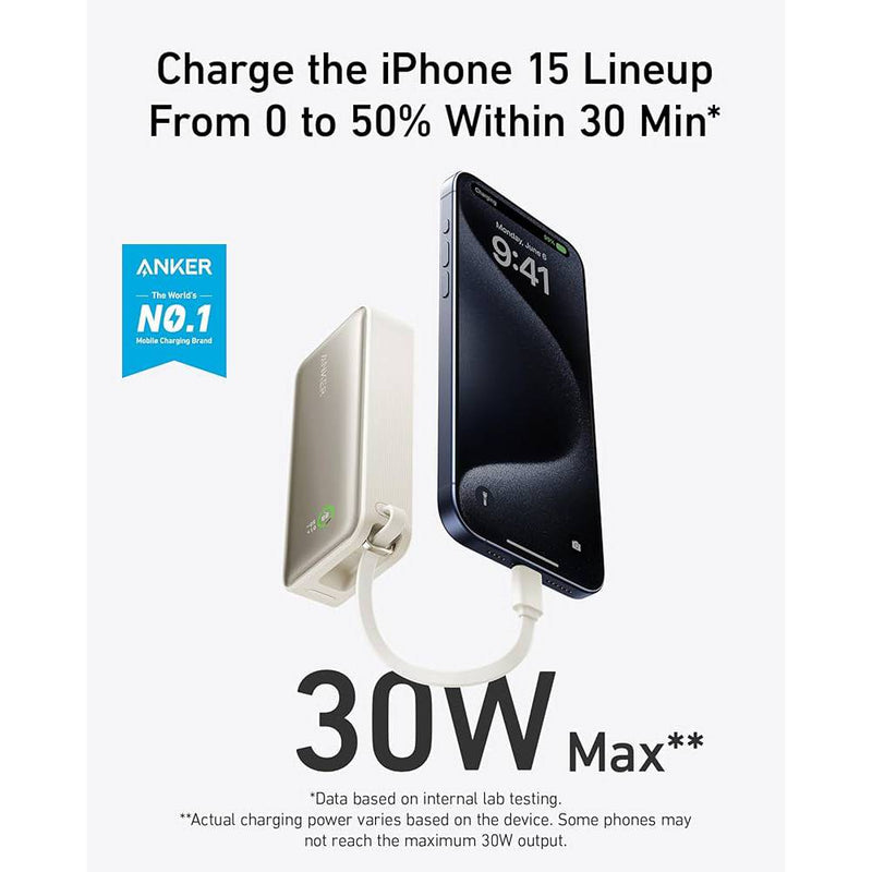 Anker Nano 10000 mAh - 30W Power Bank Featuring a built-in USB-C cable - Shell White