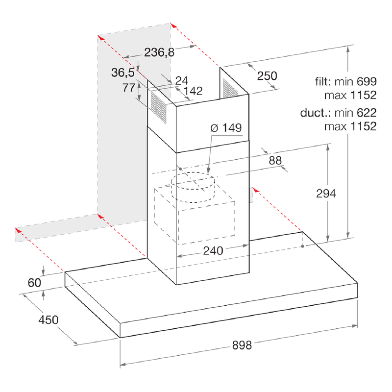 أريستون شفاط مدمج على شكل حرف T، 90 سنتيمتر، AHBS 9.3F LL X - فضي (شحن مجاني)
