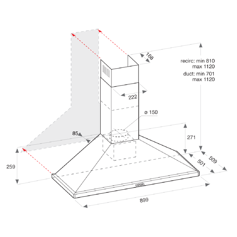 أريستون شفاط مطبخ مثبت على الحائط 90 سم، AHPN 9.4F LM X - رمادي (شحن مجاني)
