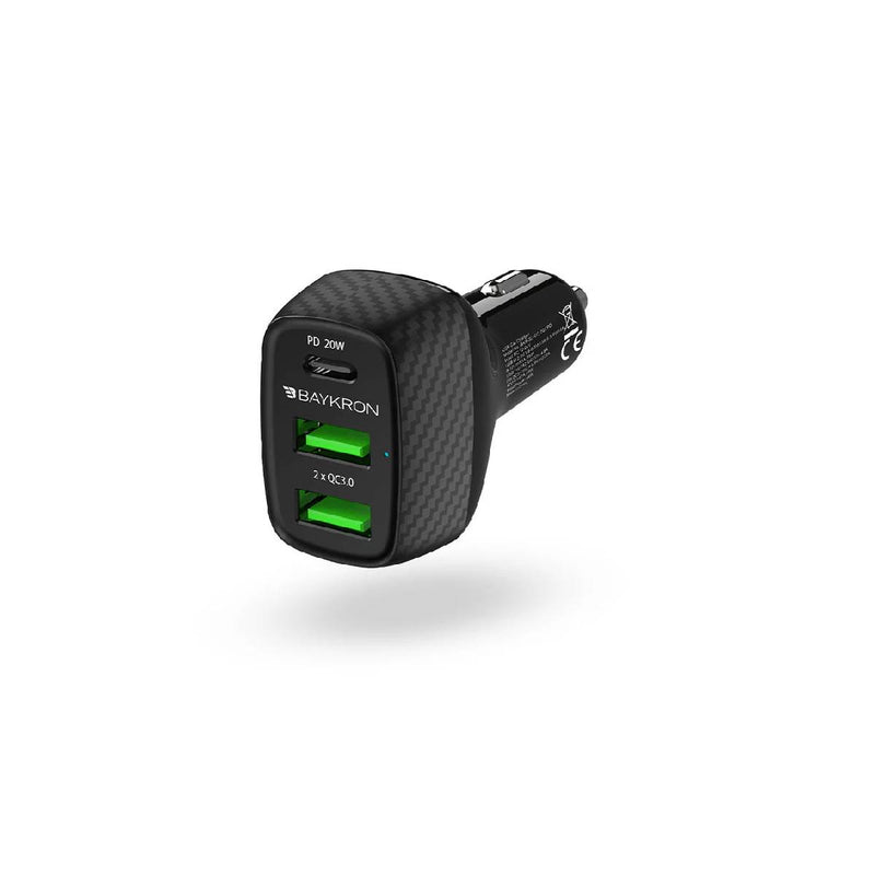 شاحن سيارة باي كرون بريميوم بمنفذي USB QC 3.0 - USB-C PD 20 واط - أسود