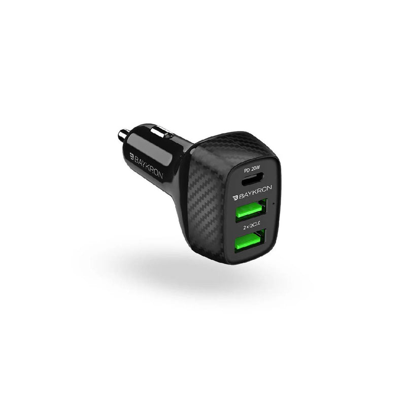 شاحن سيارة باي كرون بريميوم بمنفذي USB QC 3.0 - USB-C PD 20 واط - أسود