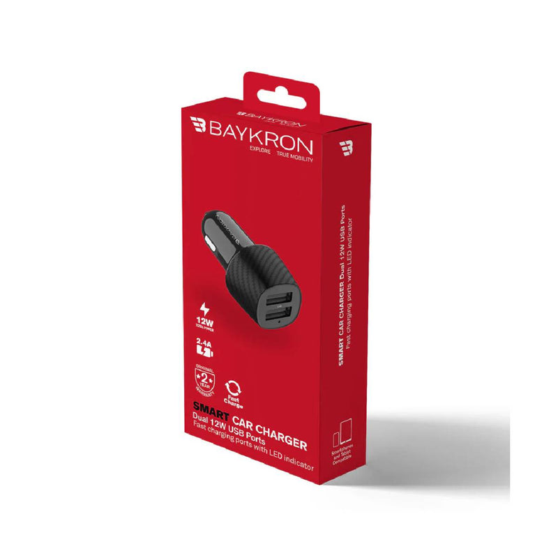 شاحن سيارة ذكي من باي كرون، منفذي USB، 12 وات - منافذ شحن سريع مع مؤشر LED - أسود