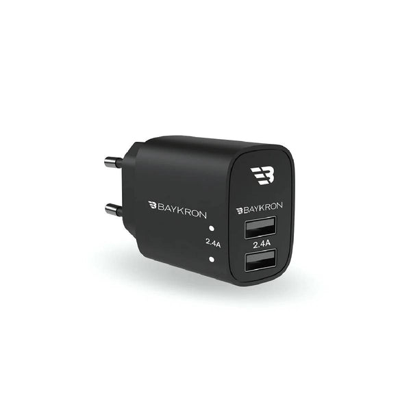 BayKron Smart Wall Charger Dual 12W USB Ports - Two Fast Charging Ports - Black