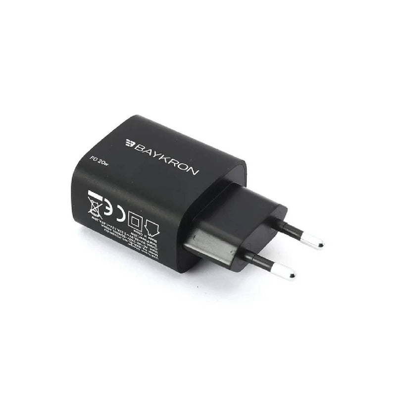 شاحن حائط ذكي من باي كرون بمنفذ USB-C PD بقوة 20 واط - شحن عالمي عالي السرعة - أسود