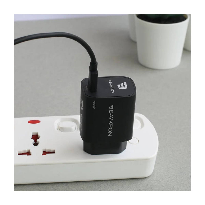 شاحن حائط ذكي من باي كرون بمنفذ USB-C PD بقوة 20 واط - شحن عالمي عالي السرعة - أسود